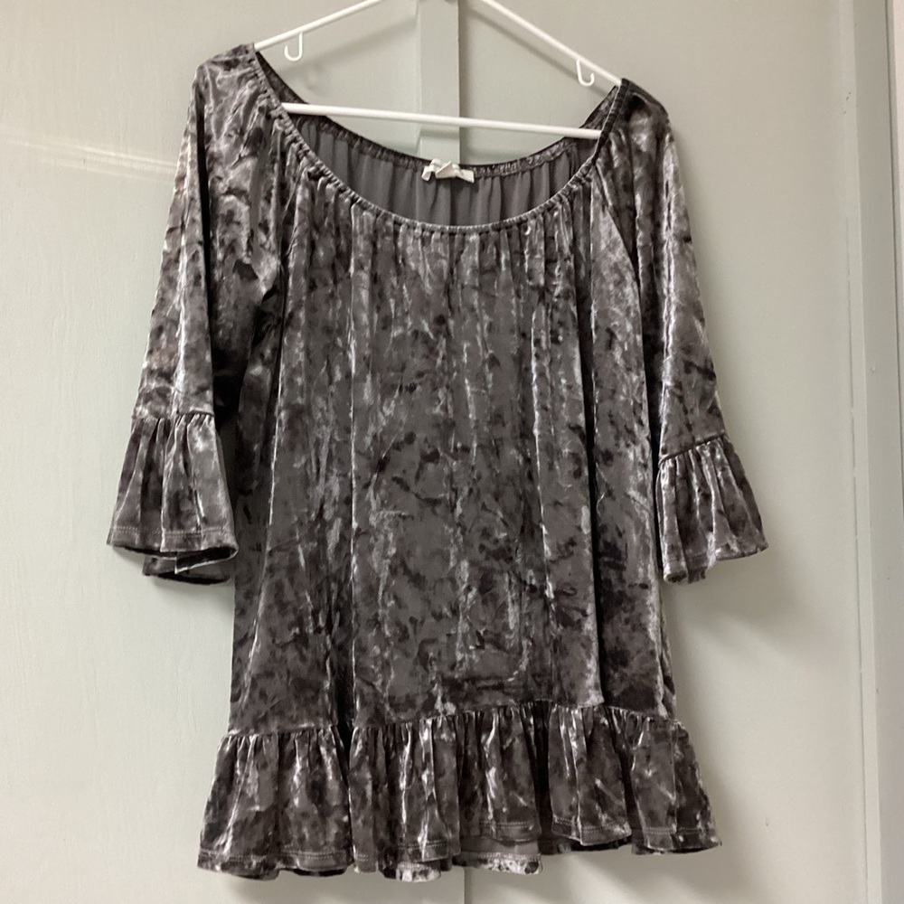 Beach Lunch Lounge Velvet Off Shoulder Top Bell Sleeves Size Large Silver Gray
